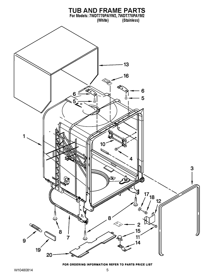 TUB AND FRAME PARTS Diagram and Parts List for 7WDT770PAYW2  Whirlpool Dishwasher