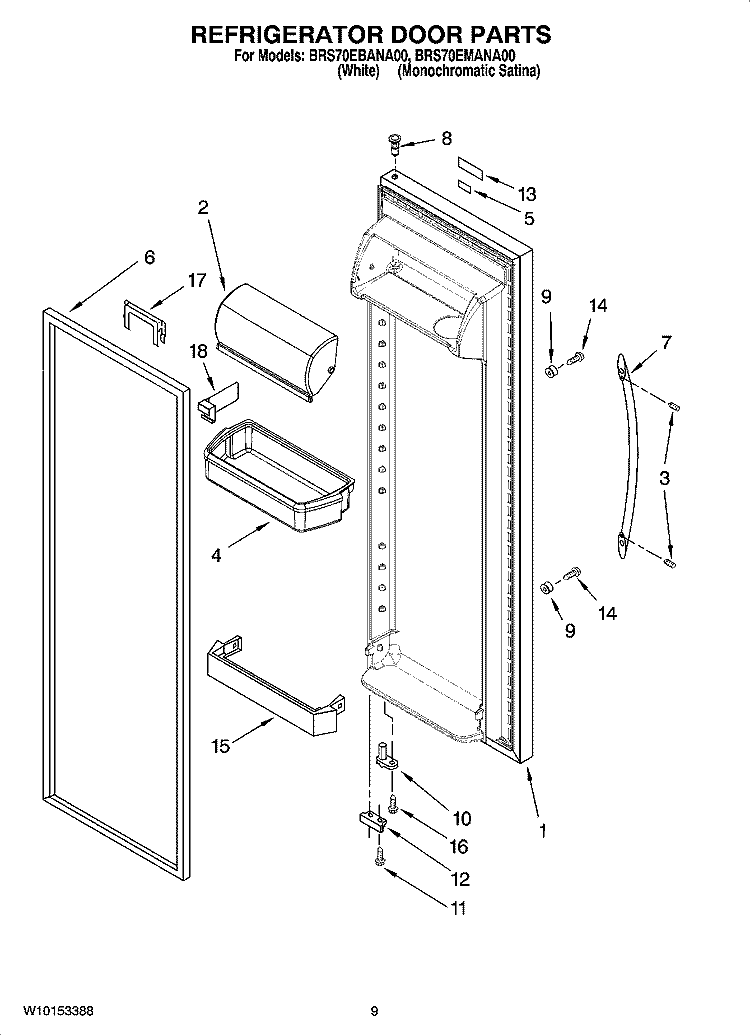 REFRIGERATOR DOOR PARTS Diagram and Parts List for BRS70EMANA00  Whirlpool Refrigerator