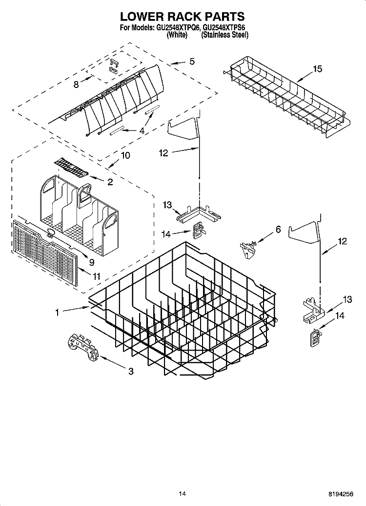 LOWER RACK PARTS Diagram and Parts List for GU2548XTPS6  Whirlpool Dishwasher