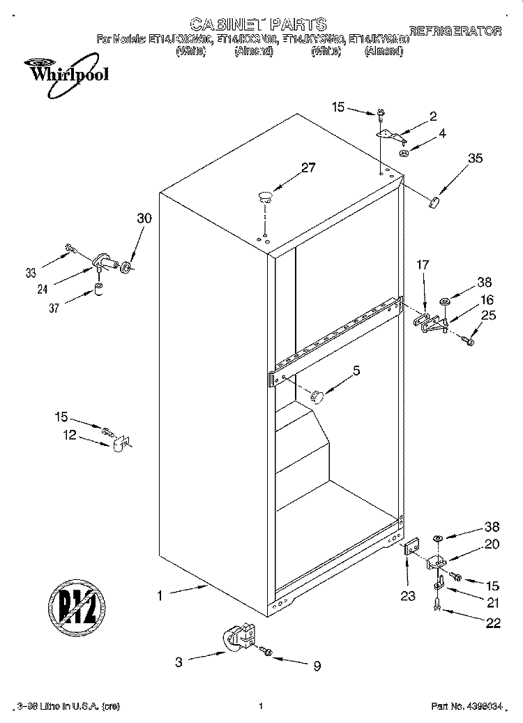 CABINET Diagram and Parts List for ET14JKXGW00  Whirlpool Refrigerator