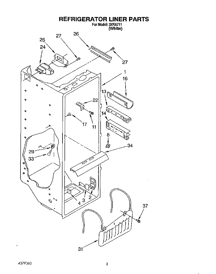 REFRIGERATOR LINER Diagram and Parts List for 3XRA711  Whirlpool Refrigerator