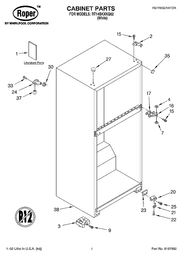 CABINET, LITERATURE Diagram and Parts List for RT14BKXKQ02  Roper Refrigerator
