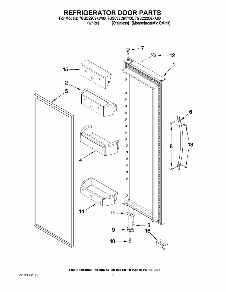 REFRIGERATOR DOOR PARTS Diagram and Parts List for 7GSC22C6XW00  Whirlpool Refrigerator