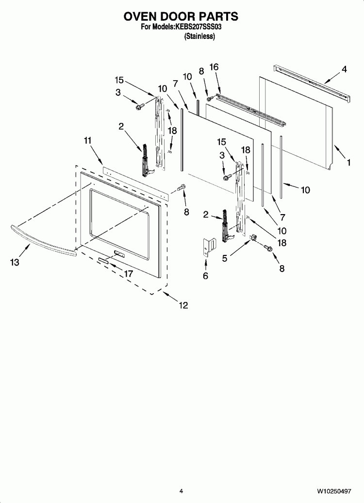 OVEN DOOR PARTS Diagram and Parts List for KEBS207SSS03  KitchenAid Wall Oven