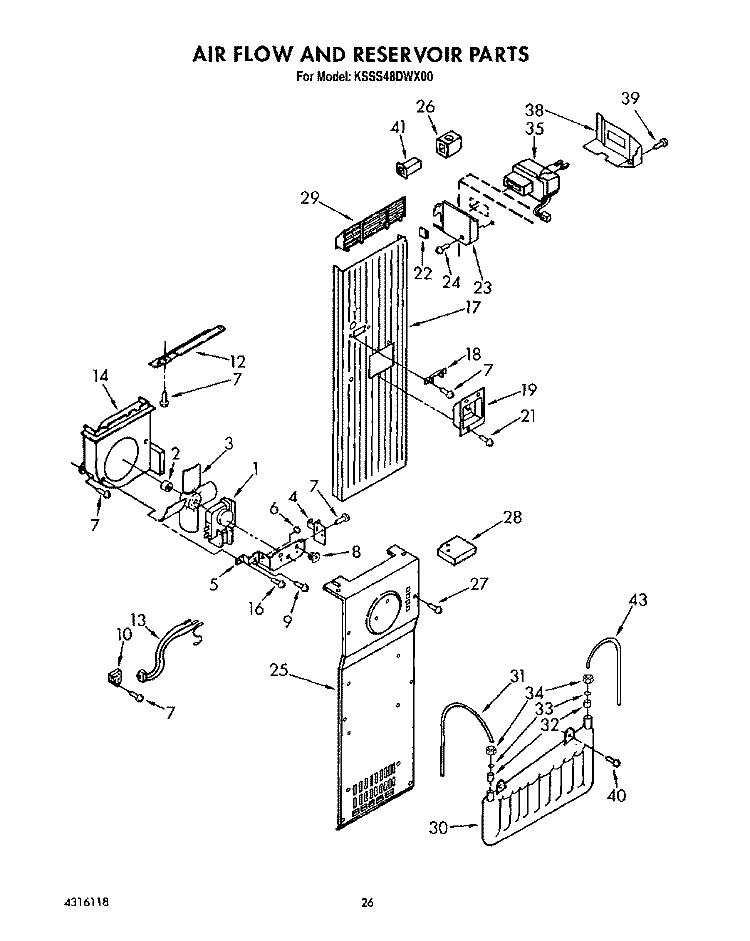 AIR FLOW AND RESERVOIR Diagram and Parts List for KSSS48DWX00  KitchenAid Refrigerator