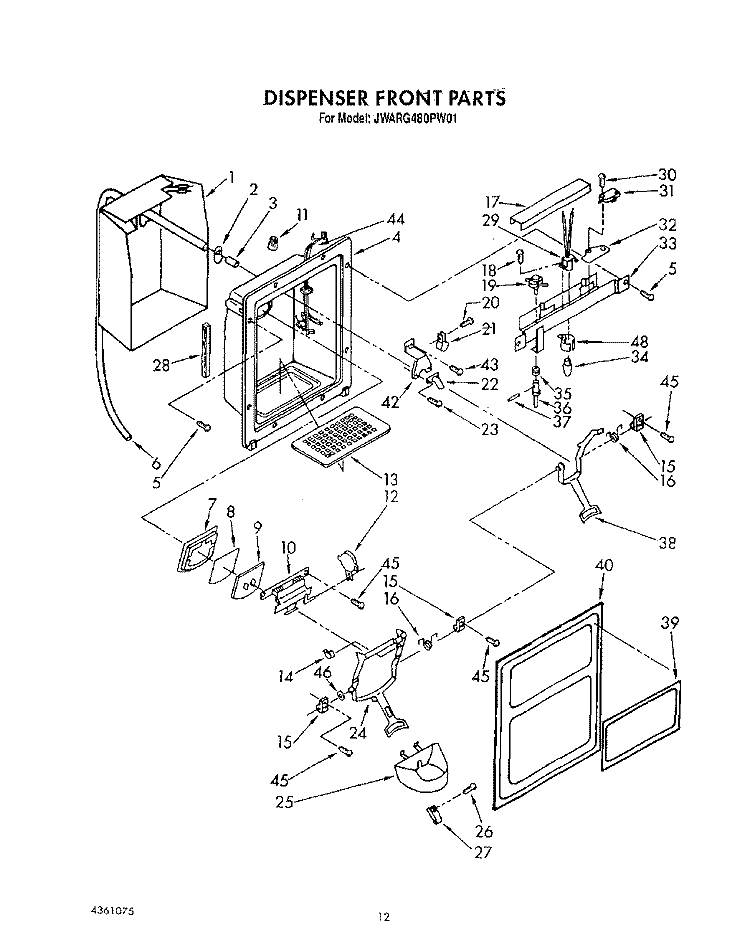 DISPENSER FRONT Diagram and Parts List for JWARG480PW01  Whirlpool Refrigerator