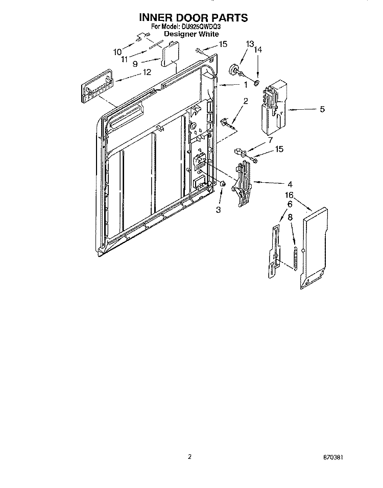 INNER DOOR Diagram and Parts List for DU925QWDQ3  Whirlpool Dishwasher