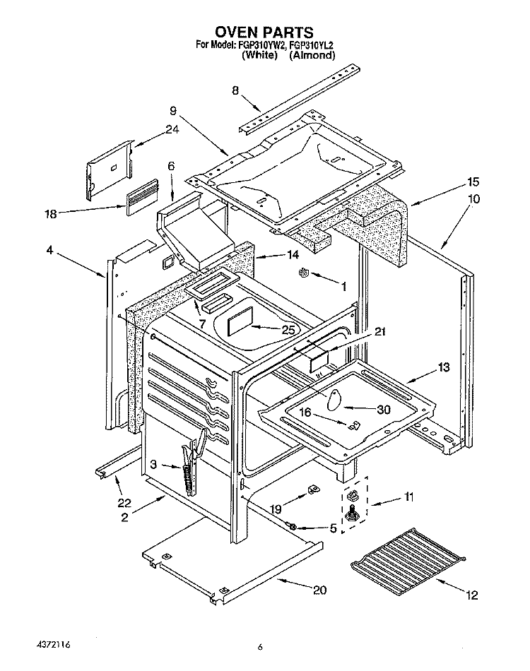 OVEN Diagram and Parts List for FGP310YW2  Roper Range