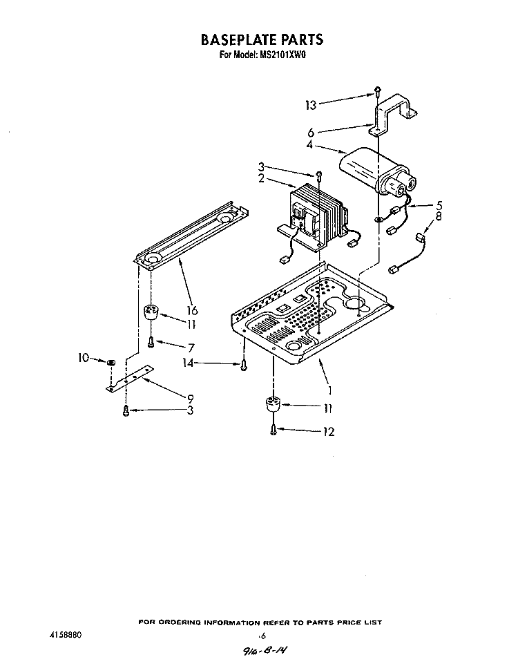 BASEPLATE Diagram and Parts List for MS2101XW0  Whirlpool Microwave