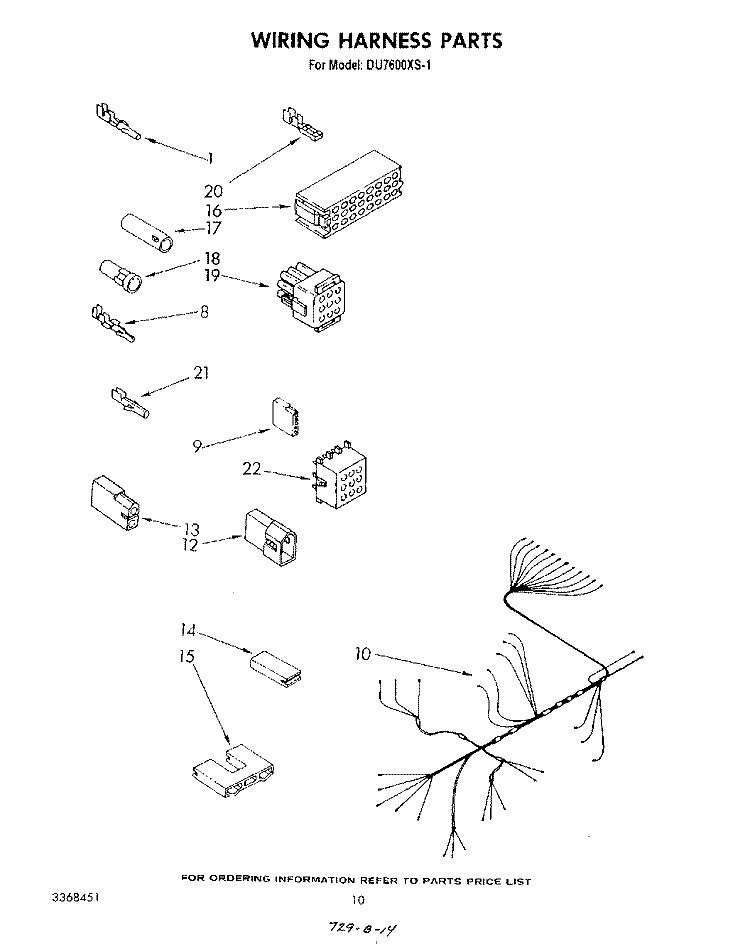 WIRING HARNESS Diagram and Parts List for DU7600XS1  Whirlpool Dishwasher