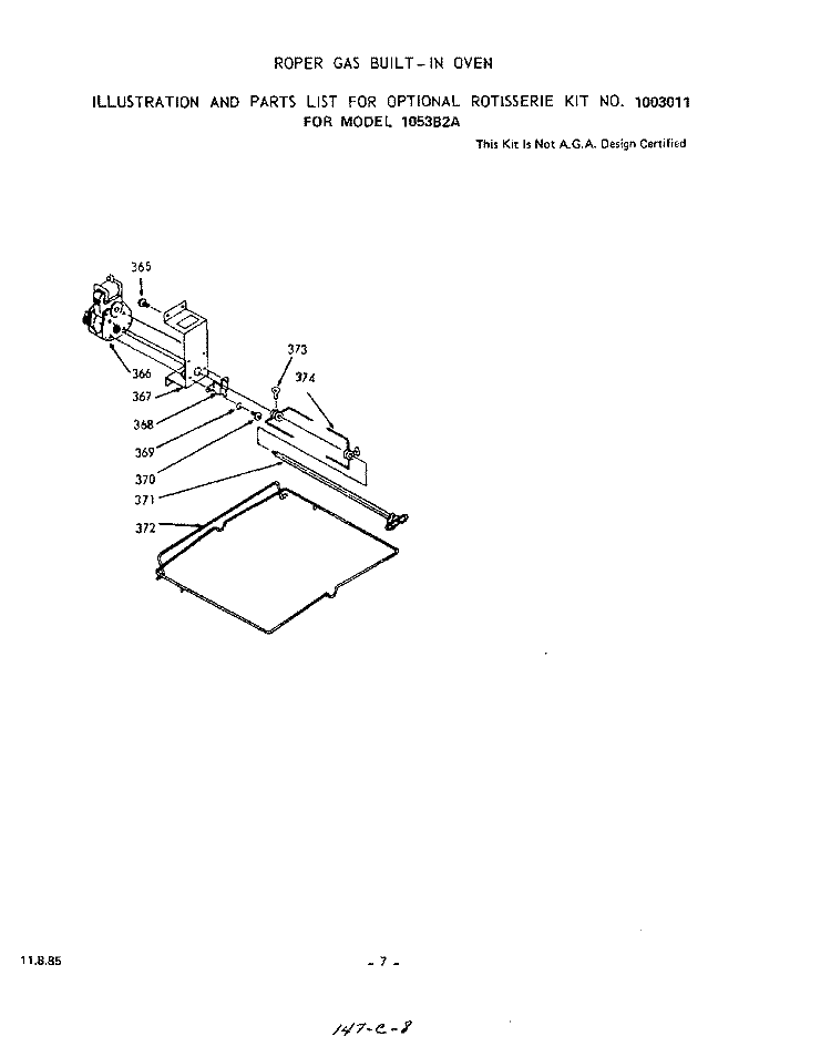 LIT/OPTIONAL ROTISSERIE Diagram and Parts List for 1053B2A  Roper Wall Oven