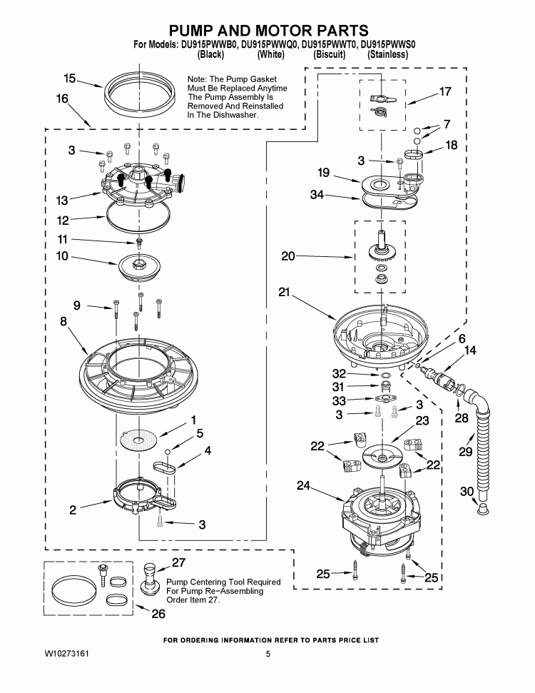 PUMP AND MOTOR PARTS Diagram and Parts List for DU915PWWB0  Whirlpool Dishwasher