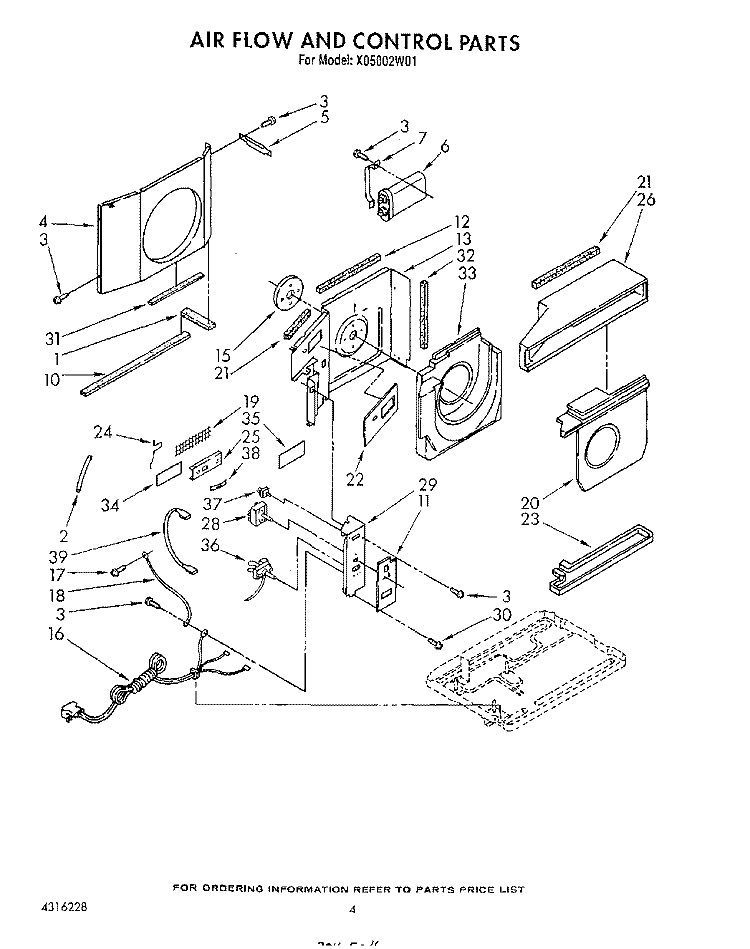 AIRFLOW AND CONTROL Diagram and Parts List for X05002W01  Roper Air Conditioner