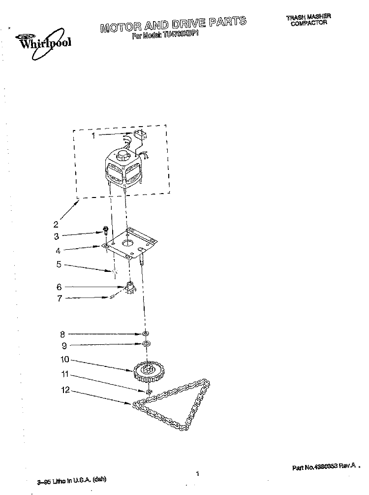 MOTOR AND DRIVE, LITERATURE Diagram and Parts List for TU4700XBP1  Whirlpool Trash Compactor