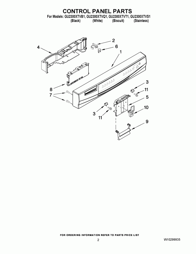 CONTROL PANEL PARTS Diagram and Parts List for GU2300XTVQ2  Whirlpool Dishwasher