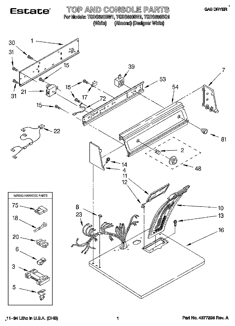 TOP AND CONSOLE, LIT/OPTIONAL Diagram and Parts List for TGDS680BW1  Estate Dryer