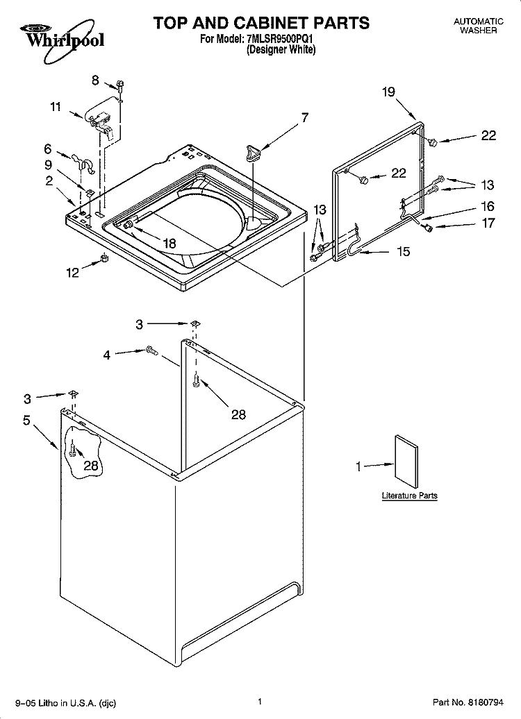 TOP AND CABINET PARTS Diagram and Parts List for 7MLSR9500PQ1  Whirlpool Washer