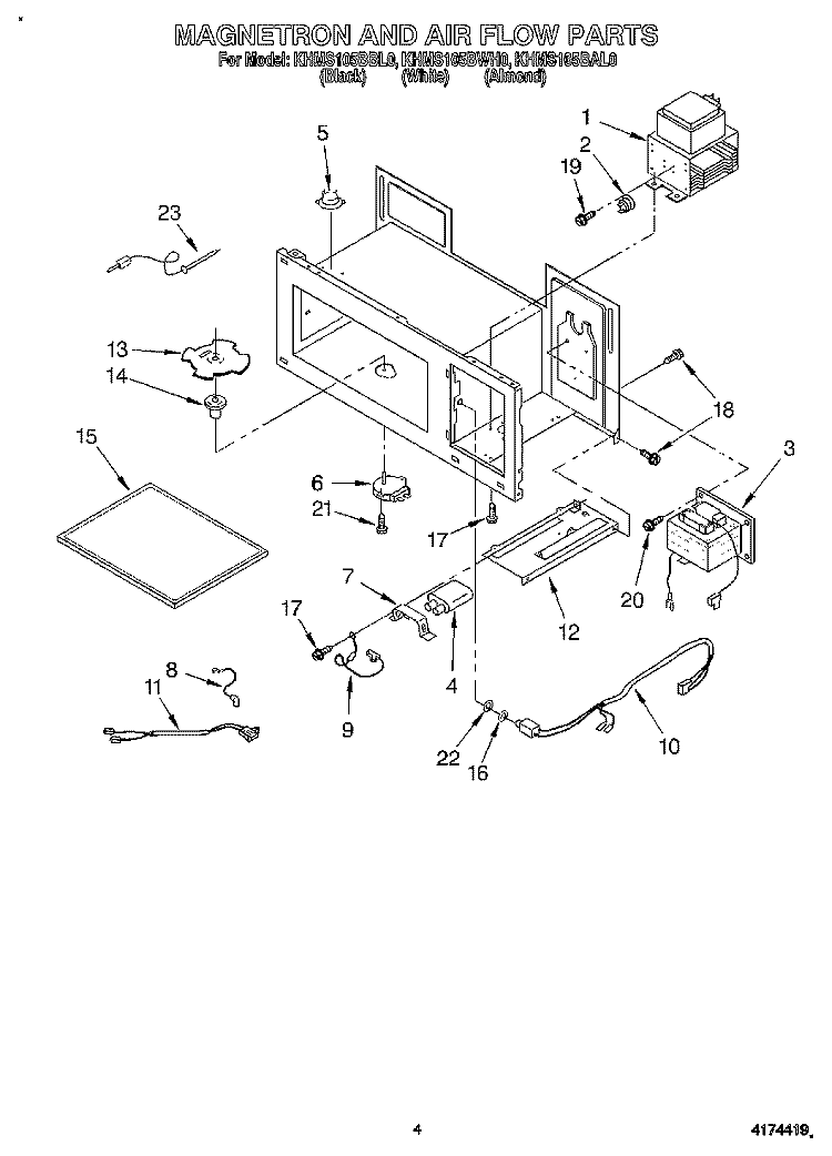 MAGNETRON AND AIR FLOW Diagram and Parts List for KHMS105BBL0  KitchenAid Microwave