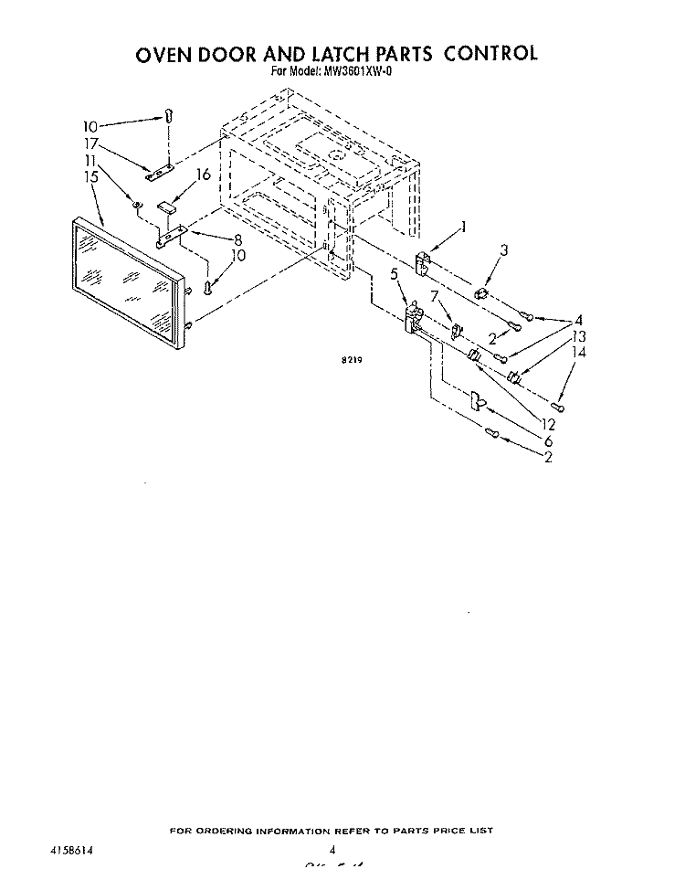 OVEN DOOR AND LATCH Diagram and Parts List for MW3601XW0  Whirlpool Microwave