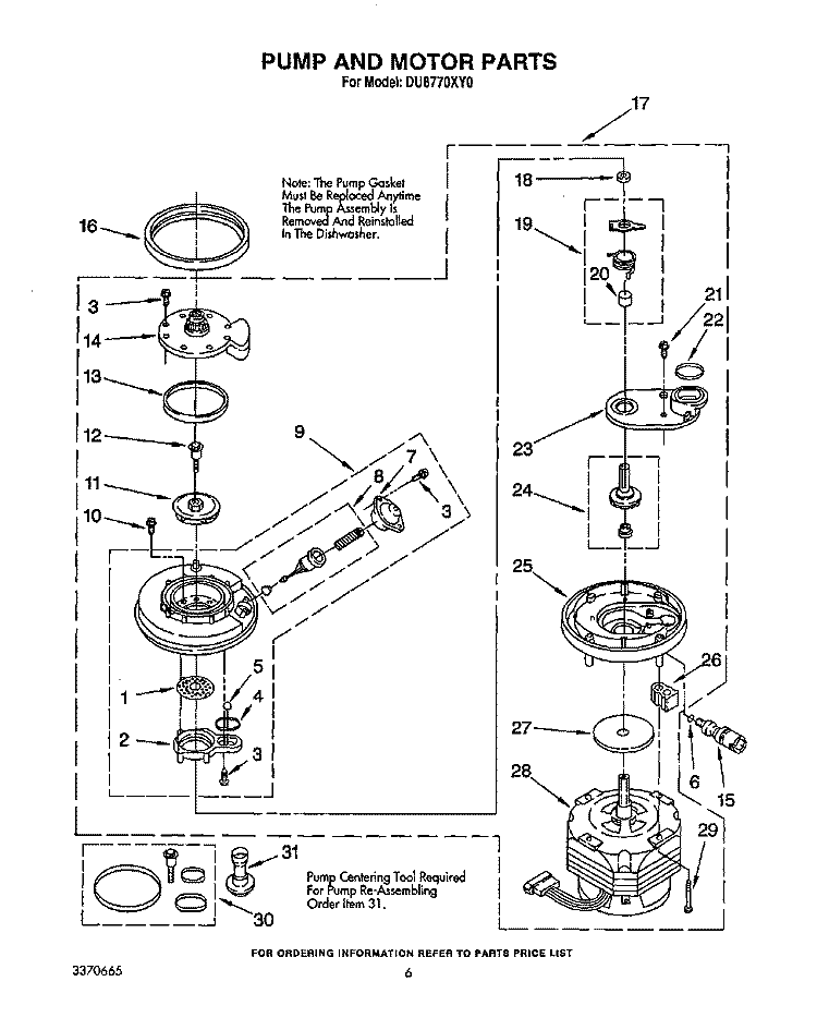 PUMP AND MOTOR Diagram and Parts List for DU8770XY0  Whirlpool Dishwasher