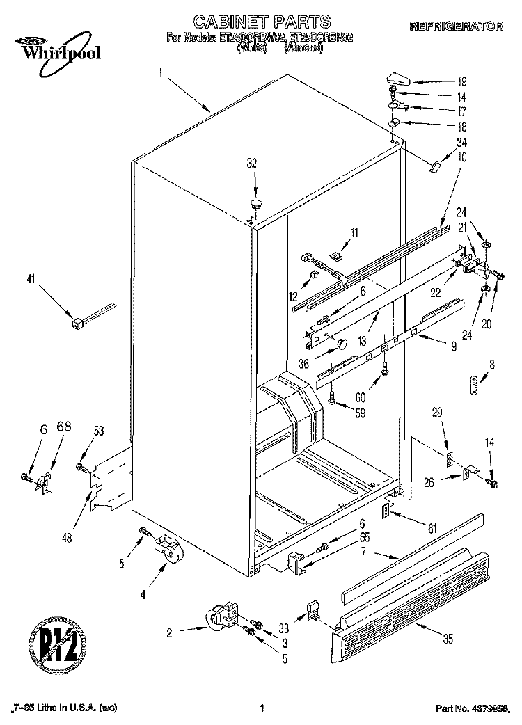 CABINET Diagram and Parts List for ET25DQRBW02  Whirlpool Refrigerator