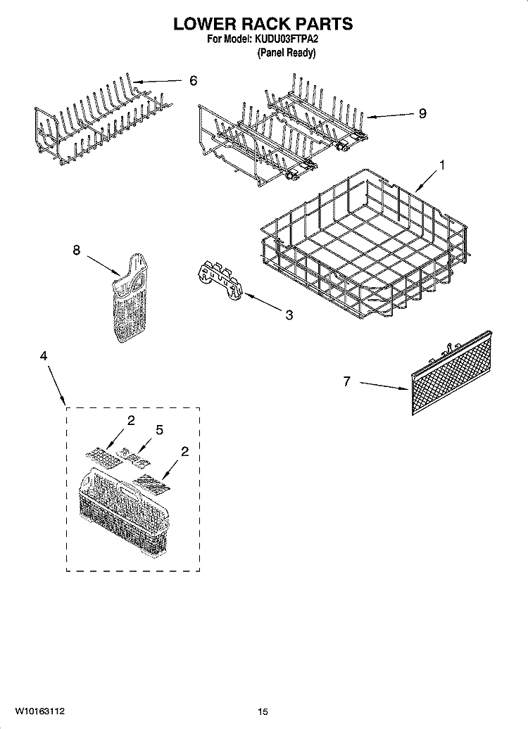LOWER RACK PARTS, OPTIONAL PARTS (NOT INCLUDED) Diagram and Parts List for KUDU03FTPA2  KitchenAid Dishwasher