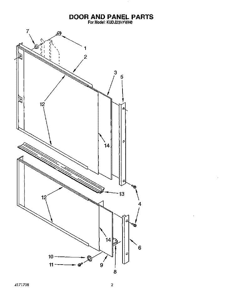 DOOR AND PANEL Diagram and Parts List for KUDJ23HYWH0  KitchenAid Dishwasher