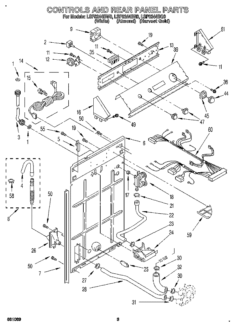 CONTROL AND REAR PANEL Diagram and Parts List for LSP8244BG0  Whirlpool Washer
