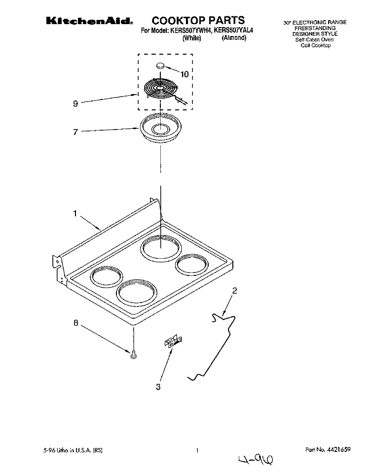COOKTOP Diagram and Parts List for KERS507YAL4  KitchenAid Range
