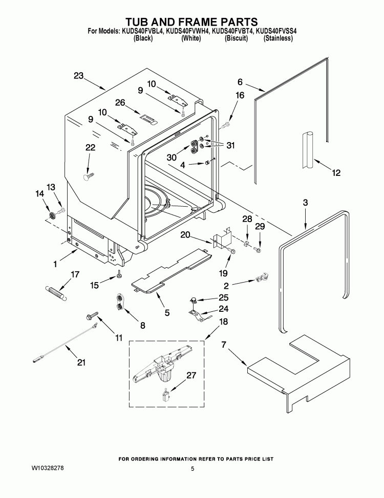 TUB AND FRAME PARTS Diagram and Parts List for KUDS40FVSS4  KitchenAid Dishwasher