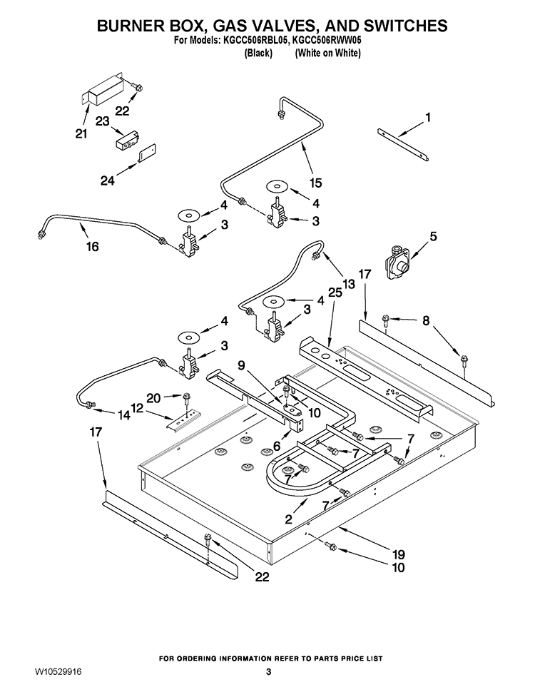 BURNER BOX, GAS VALVES, AND SWITCHES Diagram and Parts List for KGCC506RBL05  KitchenAid Cooktop