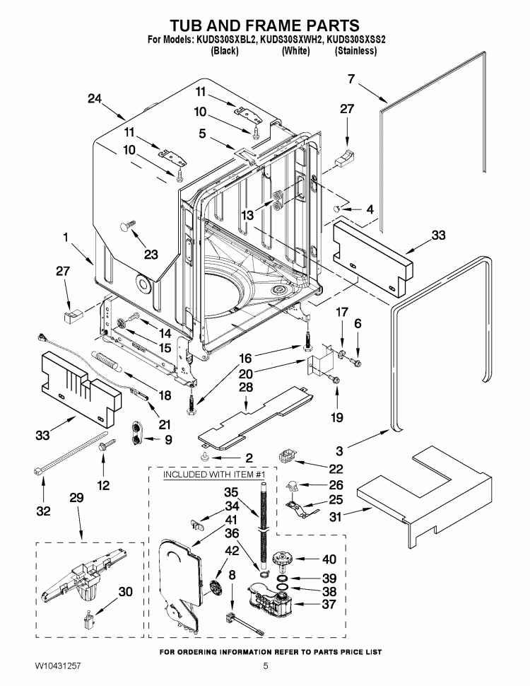 TUB AND FRAME PARTS Diagram and Parts List for KUDS30SXBL2  KitchenAid Dishwasher