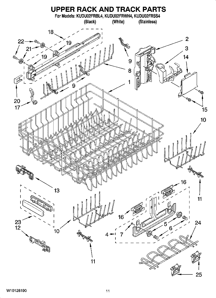 UPPER RACK AND TRACK PARTS Diagram and Parts List for KUDU02FRBL4  KitchenAid Dishwasher