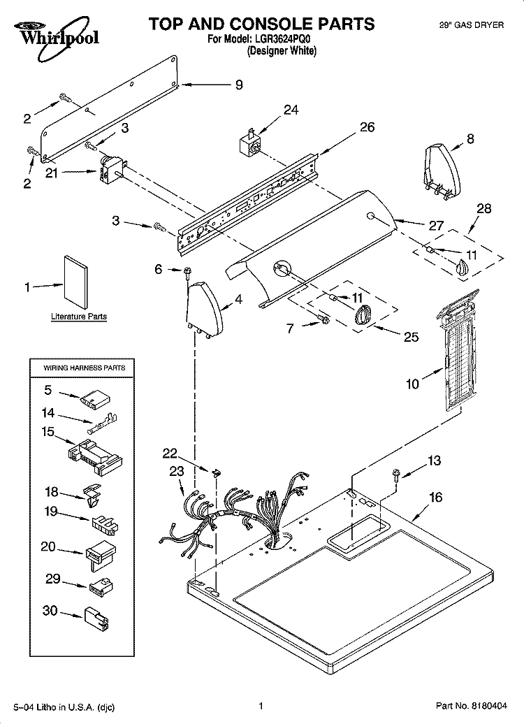 TOP AND CONSOLE PARTS Diagram and Parts List for LGR3624PQ0  Whirlpool Dryer