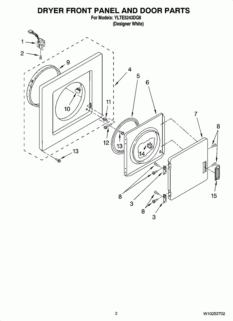 DRYER FRONT PANEL AND DOOR PARTS Diagram and Parts List for YLTE5243DQ8  Whirlpool Washer Dryer Combo