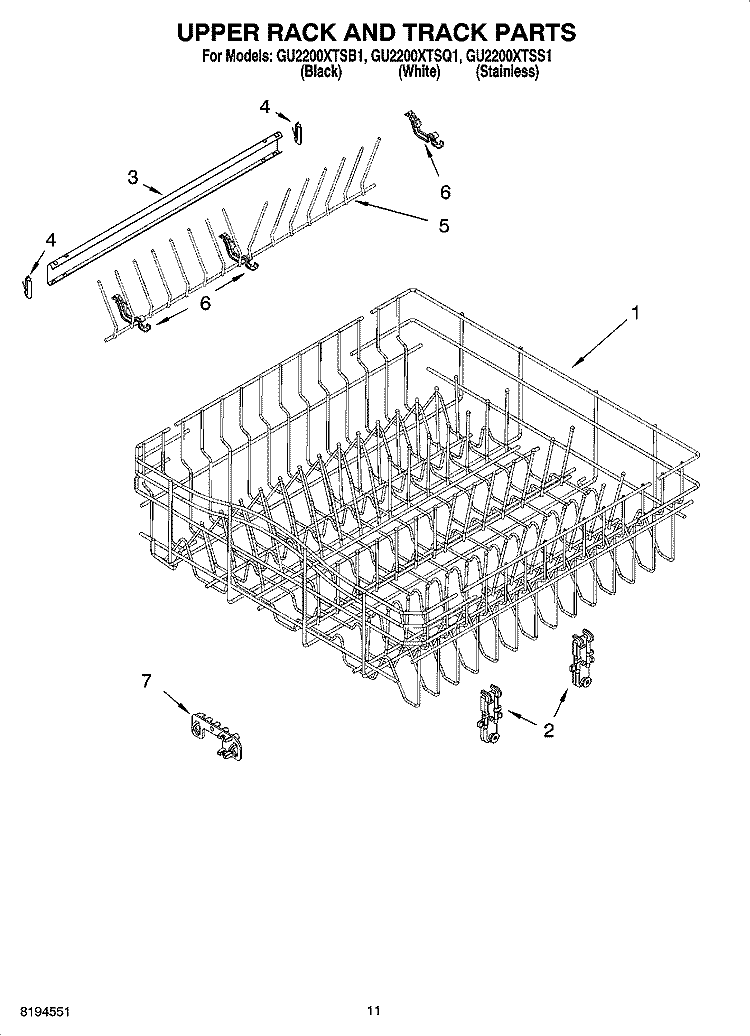 UPPER RACK AND TRACK PARTS Diagram and Parts List for GU2200XTSQ1  Whirlpool Dishwasher