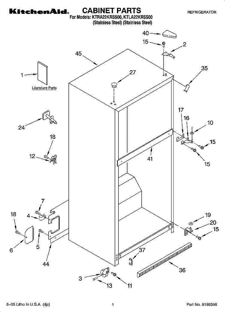 CABINET PARTS Diagram and Parts List for KTLA22KRSS00  Whirlpool Refrigerator