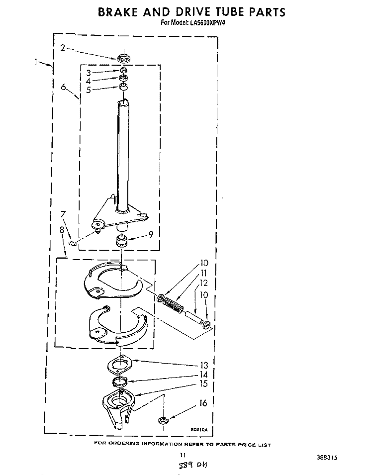 BRAKE AND DRIVE TUBE Diagram and Parts List for LA5600XPW4  Whirlpool Washer