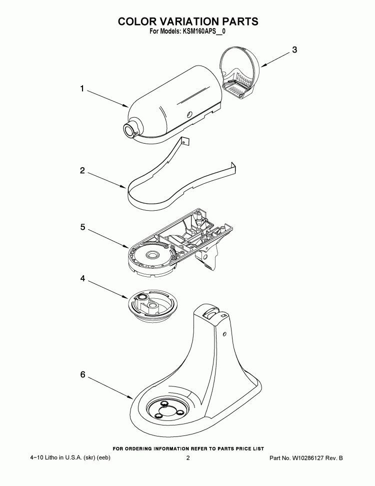 COLOR VARIATION PARTS Diagram and Parts List for KSM160APSCA0  KitchenAid Mixer