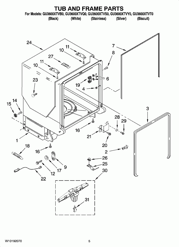 TUB AND FRAME PARTS Diagram and Parts List for GU3600XTVS0  Whirlpool Dishwasher