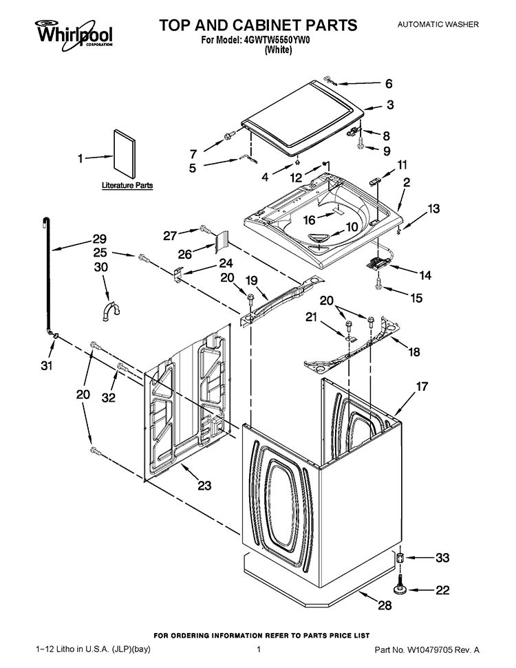 TOP AND CABINET PARTS Diagram and Parts List for 4GWTW5550YW0  Whirlpool Washer
