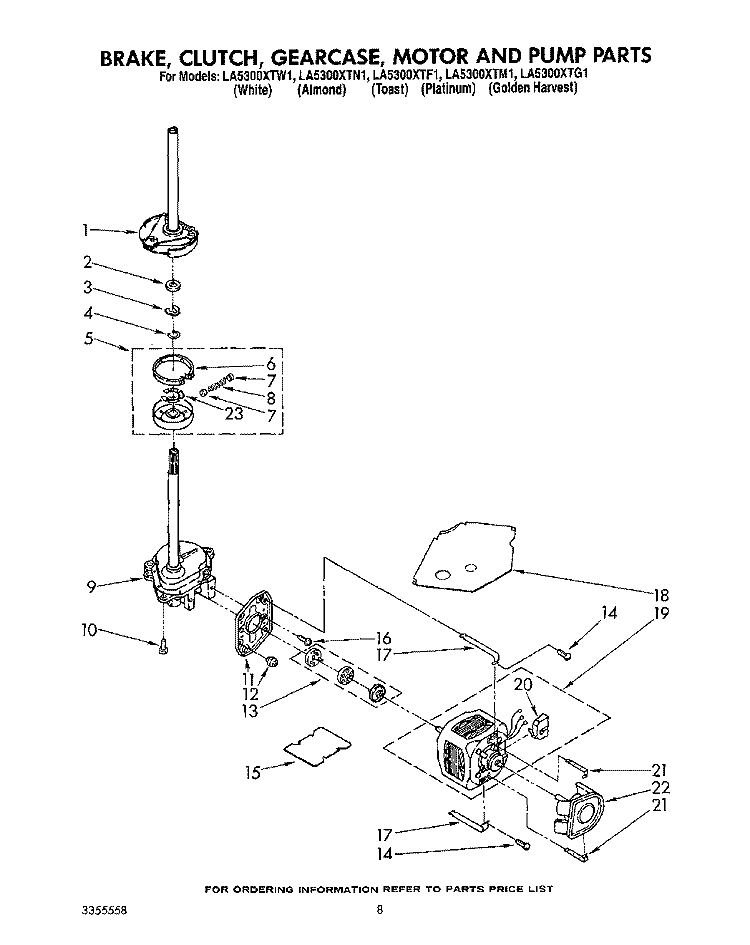 BRAKE, CLUTCH, GEARCASE, MOTOR AND PUMP Diagram and Parts List for LA5300XTN1  Whirlpool Washer