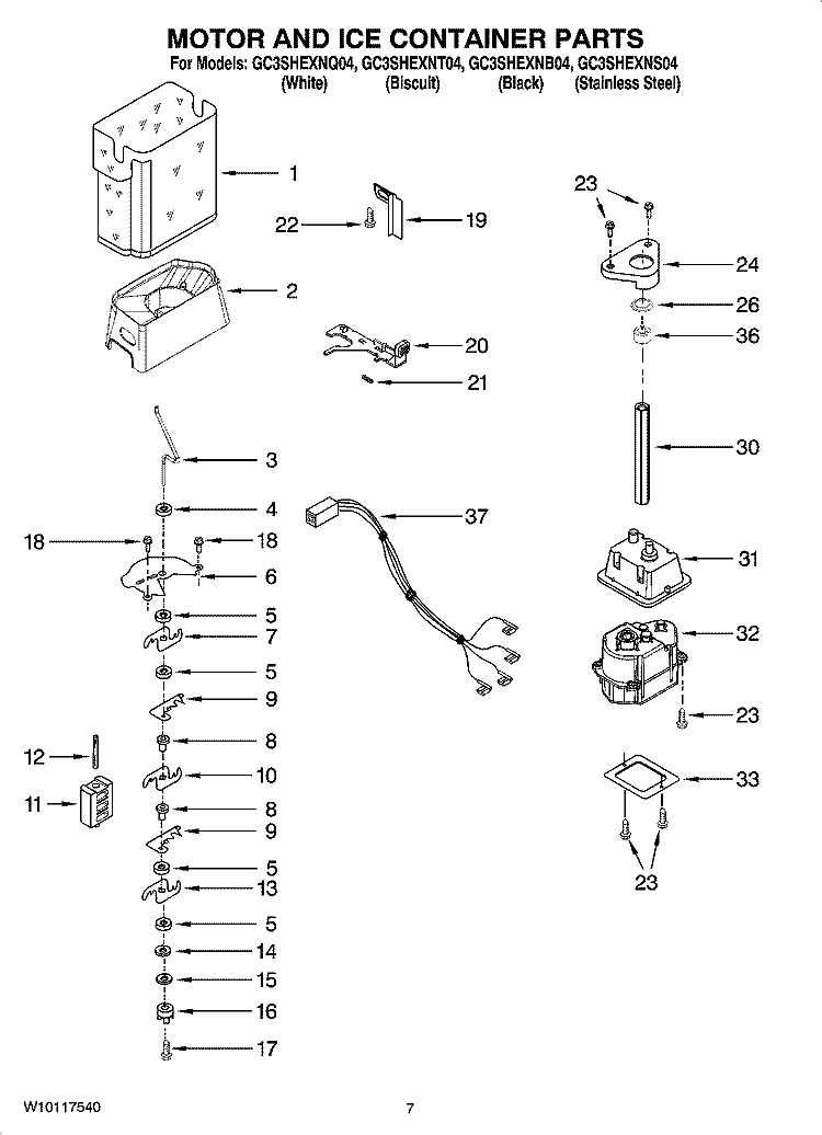 MOTOR AND ICE CONTAINER PARTS Diagram and Parts List for GC3SHEXNQ04  Whirlpool Refrigerator