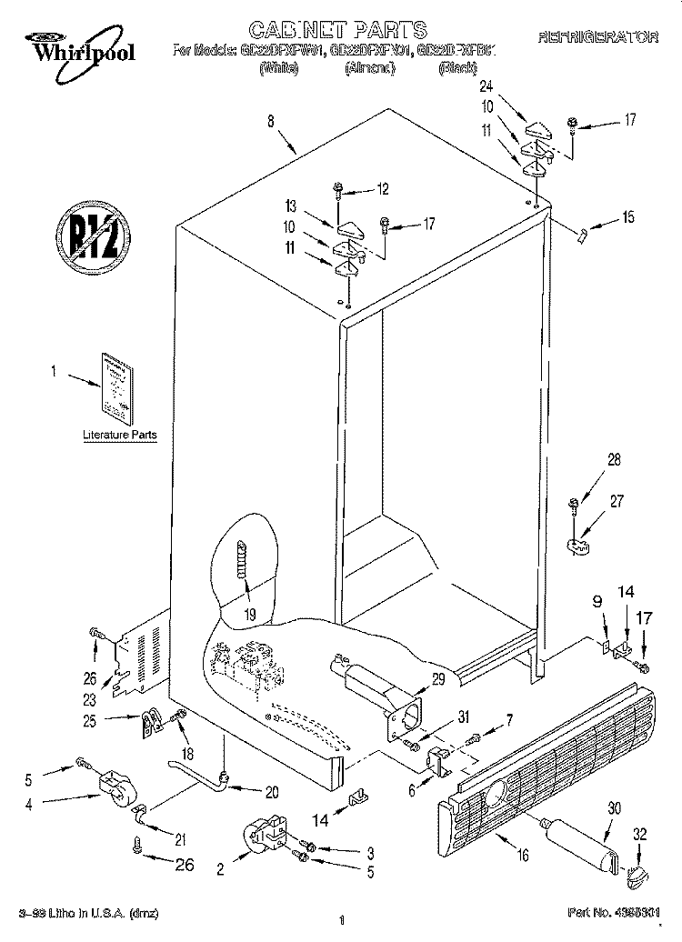 CABINET, LITERATURE Diagram and Parts List for GD22DFXFB01  Whirlpool Refrigerator