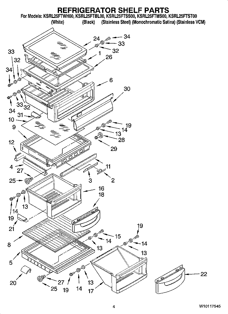REFRIGERATOR SHELF PARTS Diagram and Parts List for KSRL25FTST00  KitchenAid Refrigerator