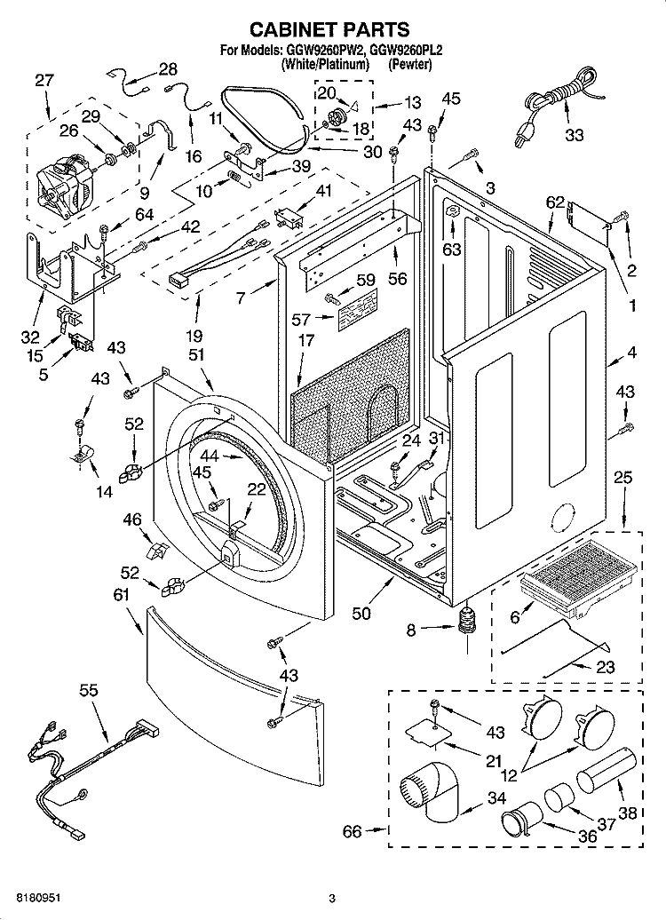 CABINET PARTS Diagram and Parts List for GGW9260PL2  Whirlpool Dryer