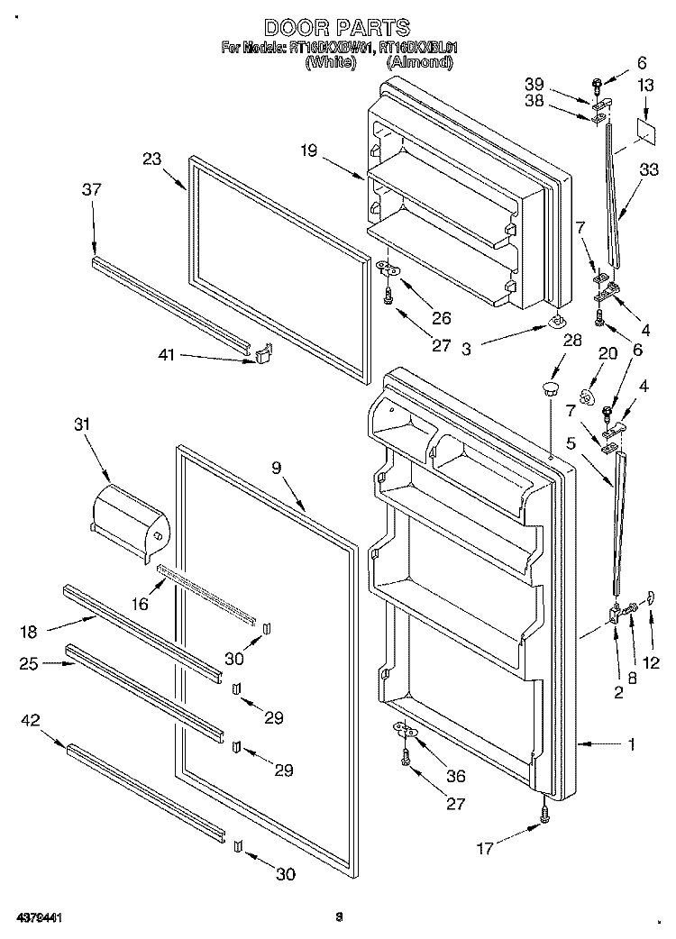DOOR Diagram and Parts List for RT16DKXBW01  Roper Refrigerator