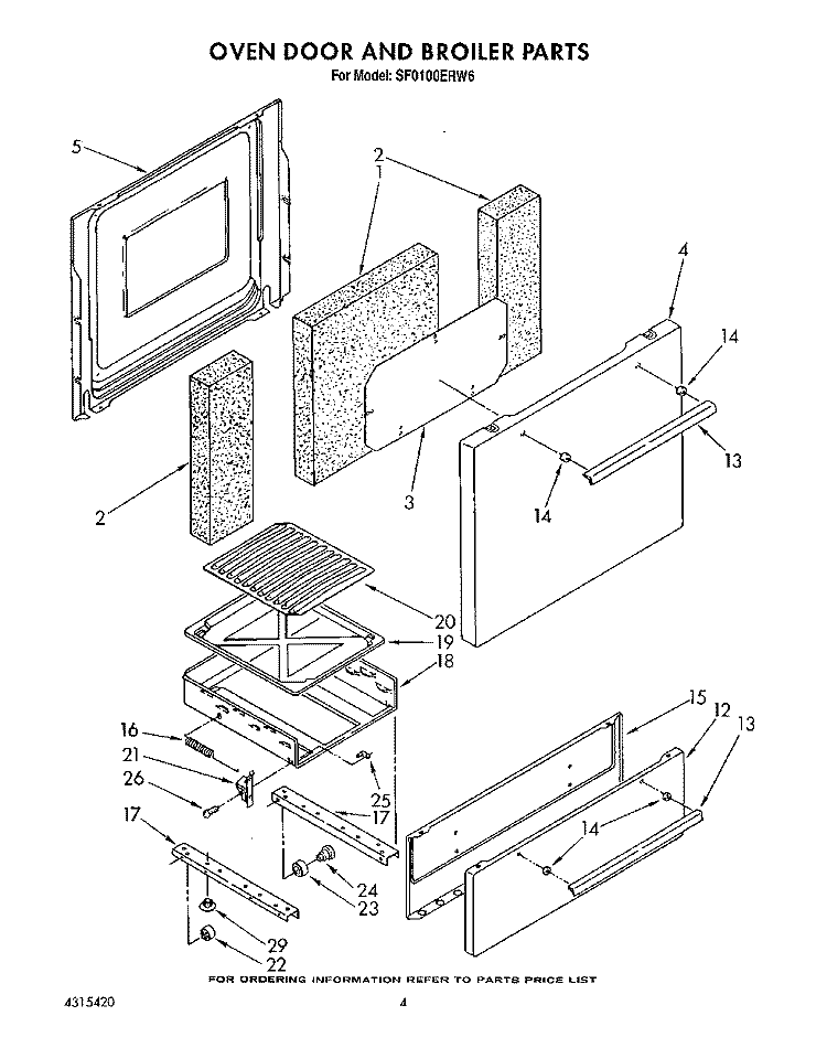 OVEN DOOR AND BROILER Diagram and Parts List for SF0100ERW6  Whirlpool Range