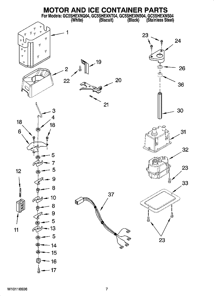 MOTOR AND ICE CONTAINER PARTS Diagram and Parts List for GC5SHEXNT04  Whirlpool Refrigerator