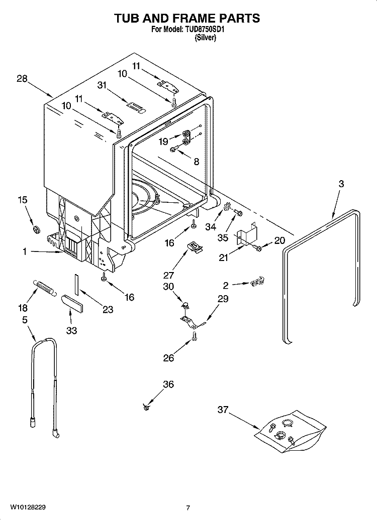 TUB AND FRAME PARTS Diagram and Parts List for TUD8750SD1  Estate Dishwasher
